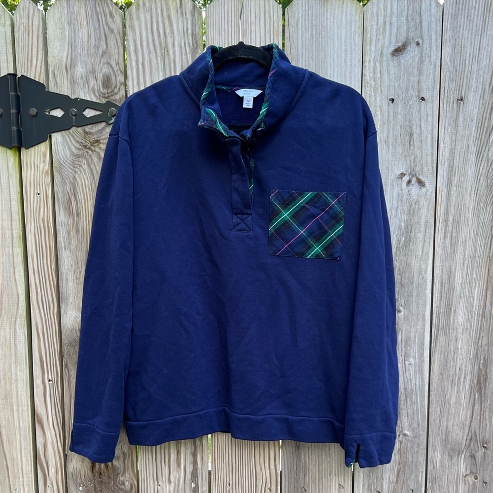 Crown & Ivy Blue Pullover With Tartan plaid accents Women’s Medium